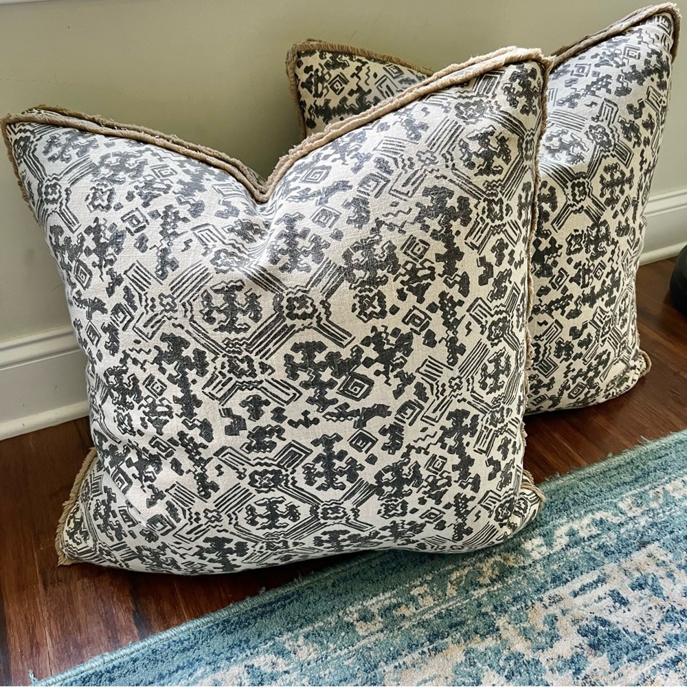 Lacefield Designs | SINGLE Gray Blockprint Linen Box Edge Throw Pillows 22x22